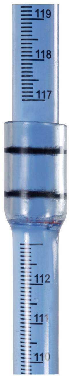 Close-up of a blue liquid thermometer with black markings at 117 and 110 degrees, measuring the temperature.