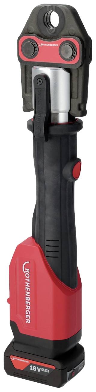 A red and black hydraulic press tool for pipe connections, with a distinctive handle and interchangeable head.