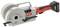 Battery-powered crimping machine with a red handle and grey housing, used for crimping pipe connections.