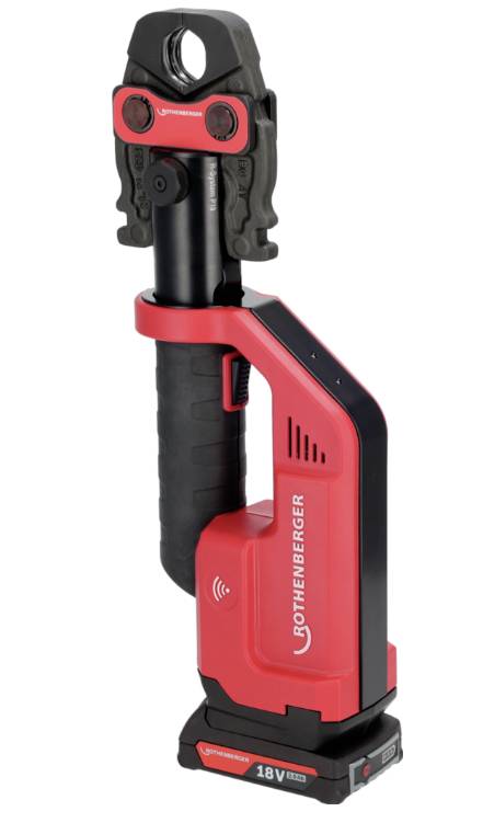 Battery-powered pressing tool in red and black, suitable for pipework, with ergonomic handle and 18V lithium-ion battery.