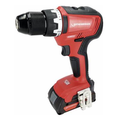 A red cordless drill driver with a black handle and drill head, brand ROTHEBERGER, for DIY work.