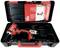 A red cordless drill lies in an open black case. An instruction manual with the text 'RODD AMPShare' is attached to the inside of the case lid.