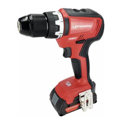 Cordless drill in red and black, side view. It features an ergonomic handle and adjustable torque control.