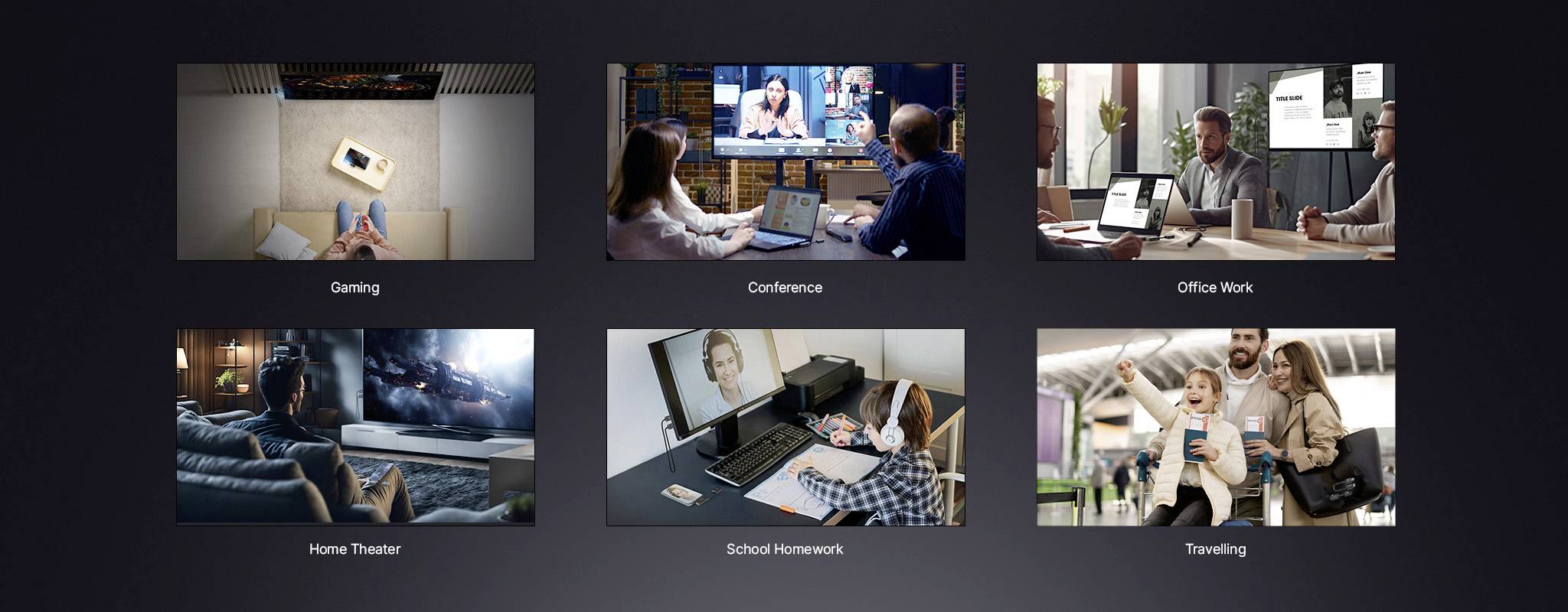 Six pictures show different situations: gaming, conference, office work, home cinema, homework, travelling.
