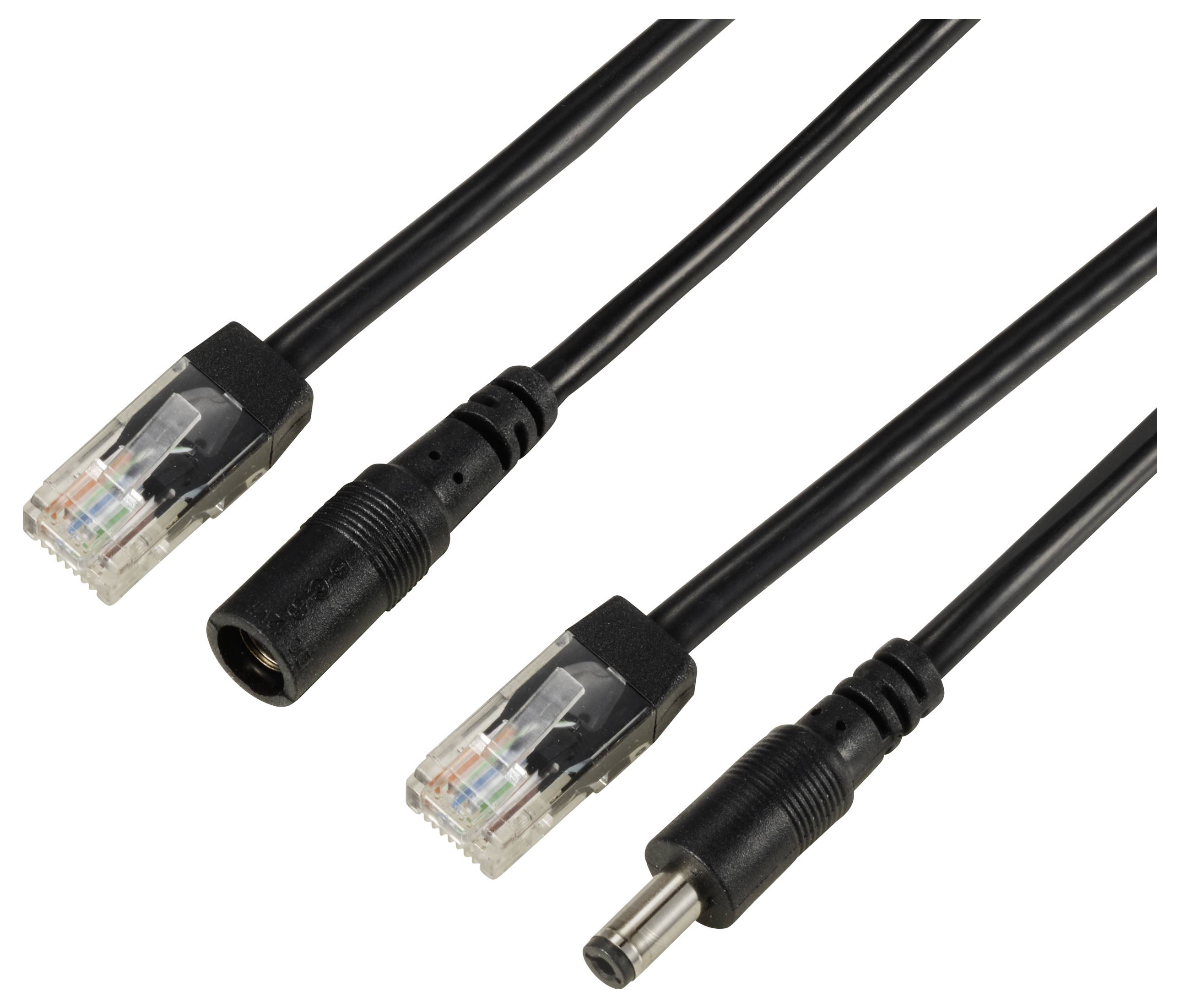 Three black cables with different connections: two with RJ45 network plugs and one with a cylindrical power connector.