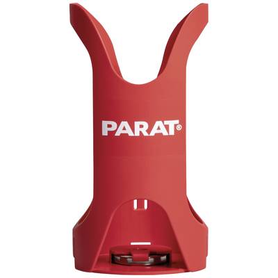 Red plastic tool with two gripping arms and a white 'PARAT' inscription, used for holding or organising hoses or cables.