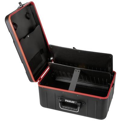 Open black tool case with a red border; contains compartments for organising tools, ideal for craftsmen.