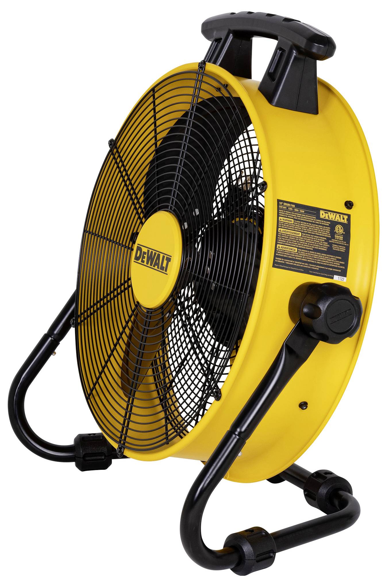 A large, yellow, portable fan with a black protective grille and adjustable stand. Ideal for construction sites or workshops.