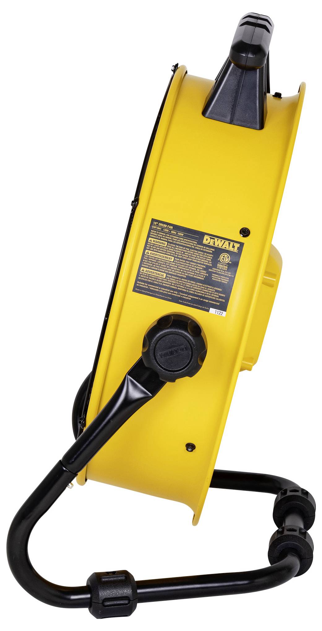 Yellow cable reel with black handle and stand, rotating system on the side. Sticker with safety and product information.
