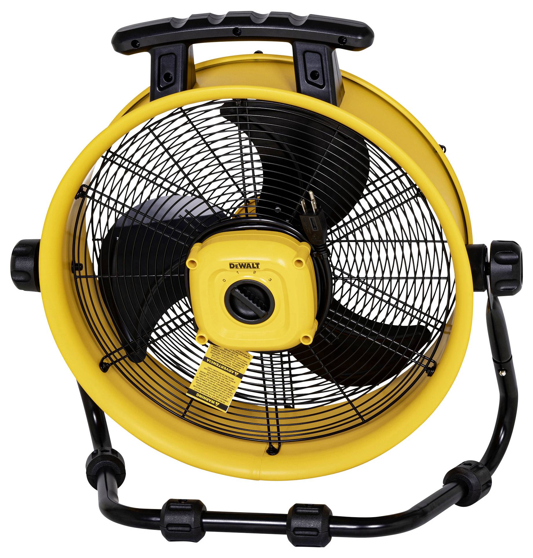 Yellow fan with three black rotor blades, featuring a robust black handle and stand, suitable for construction sites.