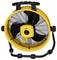 Yellow fan with three black rotor blades, featuring a robust black handle and stand, suitable for construction sites.