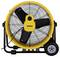 Yellow DeWalt industrial floor fan with black blades and wheels, shown front-facing on a white background.