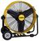 Yellow and black DeWalt industrial floor fan with three blades, protective grille, and wheeled frame, shown on a white background.