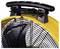 Close-up of a yellow industrial fan with a black protective grille and cable on the handle. The fan is designed for industrial use.