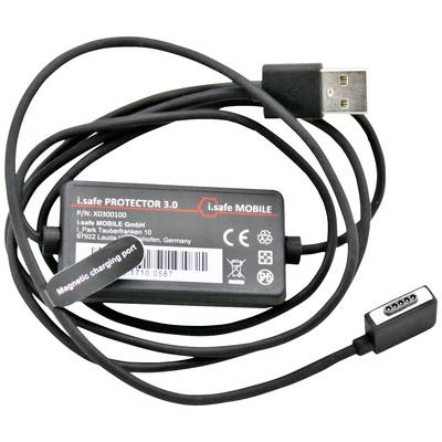 USB charger with magnetic charging cable for mobile devices, printed with technical specifications and company name.