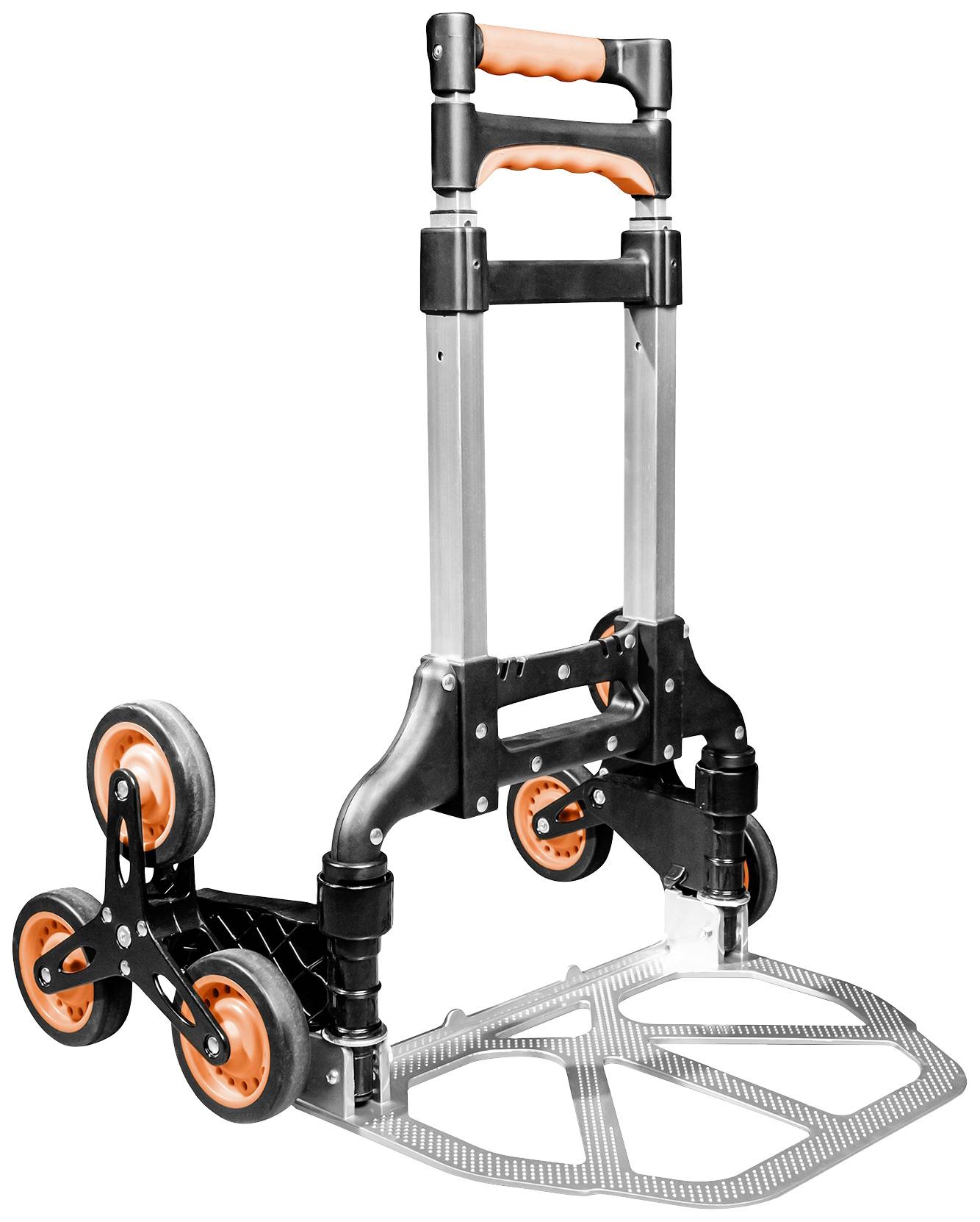 A foldable metal stair hand truck with orange handles and additional wheels for easier transport up and down stairs.
