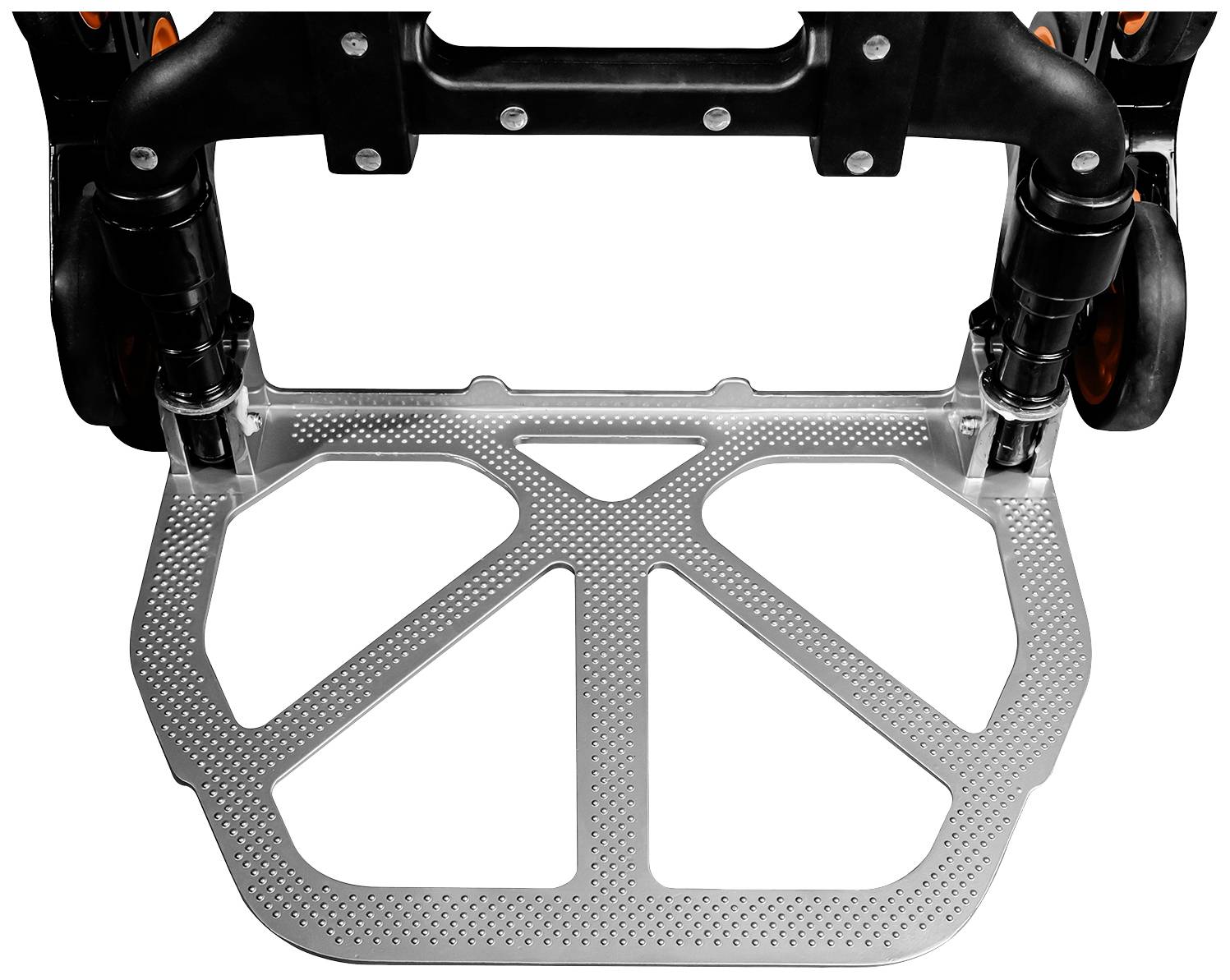 Footrest of a wheelchair, made of silver-coloured metal with a textured pattern, mounted on a black frame.