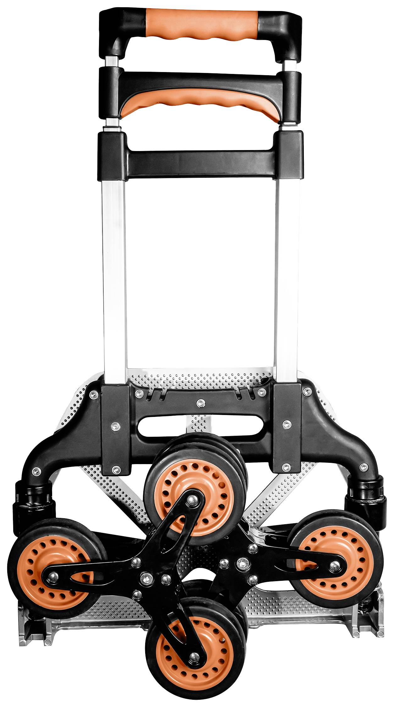 A collapsible hand trolley with three wheels on each side, suitable for climbing stairs. It has a sturdy handle and a silver metal construction.