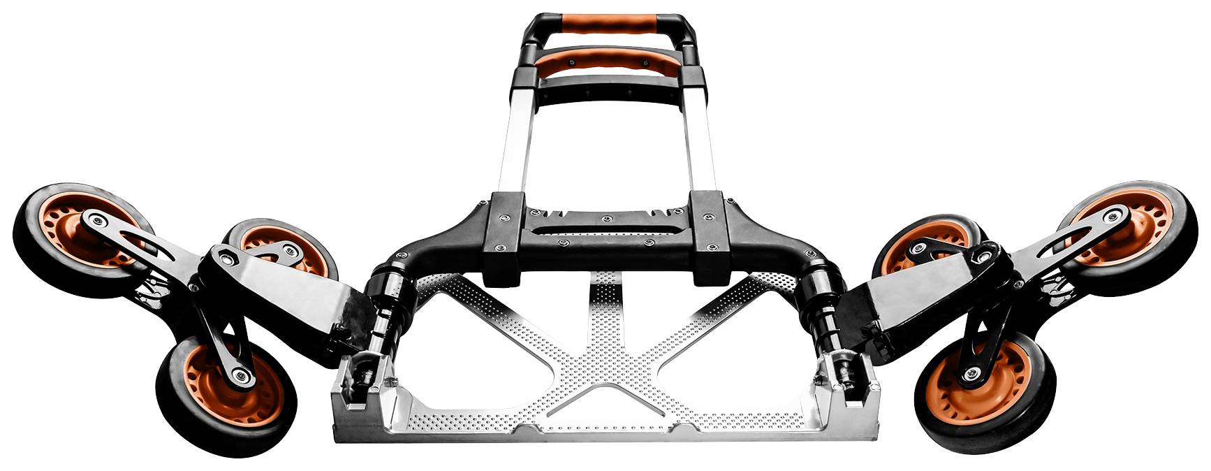 'Stair-climbing sack truck with six wheels for easy transportation of loads up stairs.'