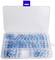 An open, transparent plastic container with numerous blue and grey bolts and screws arranged in various compartments.