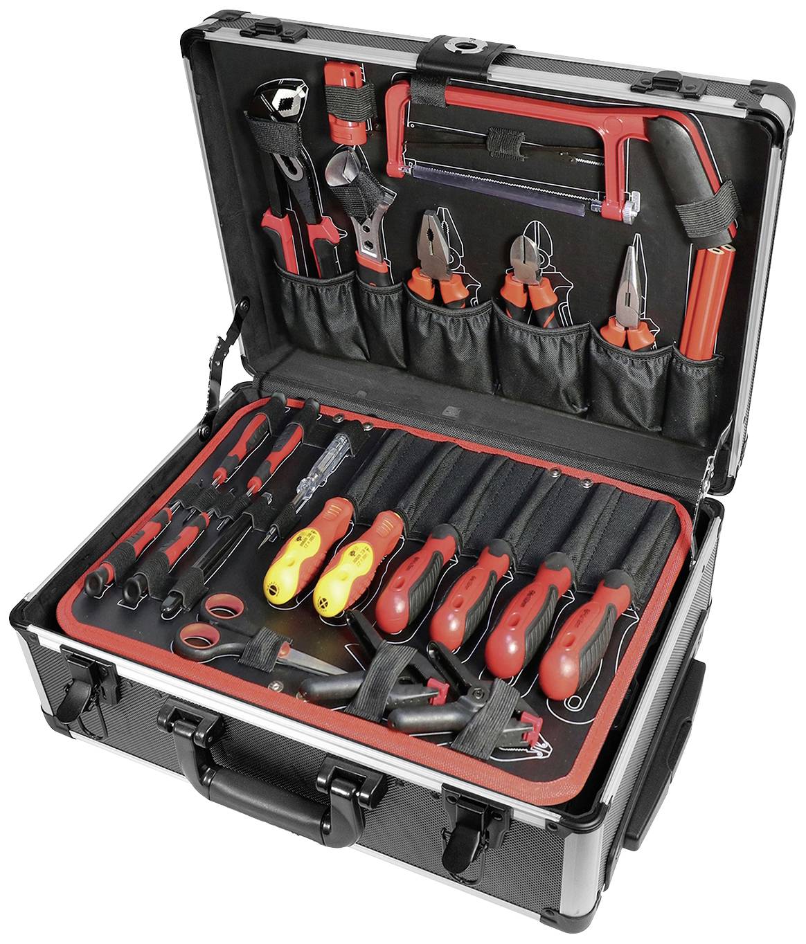 An open toolbox with various hand tools such as screwdrivers, pliers, and a hammer, neatly arranged.