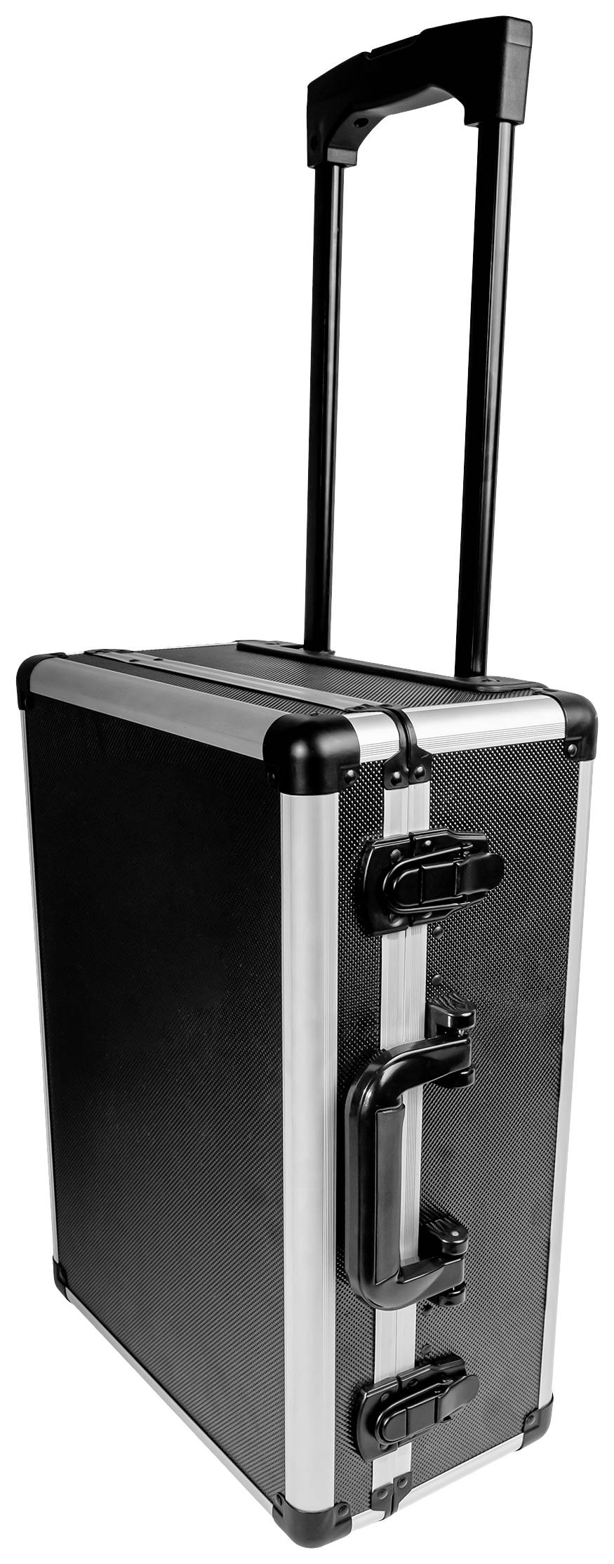 Black suitcase with telescopic handle and silver metal edges, standing upright. The suitcase has two snap locks and wheels.