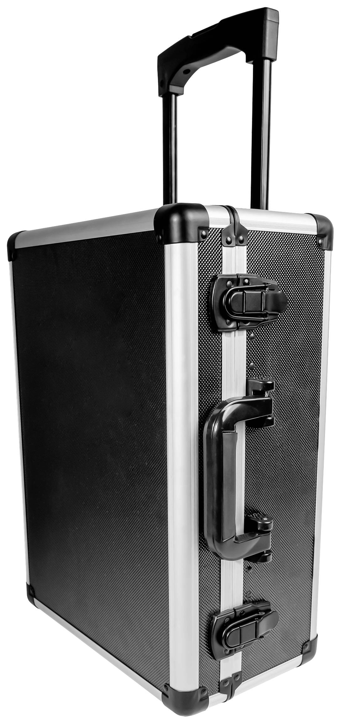 A black hard-shell suitcase with silver edges, fitted with a retractable handle and sturdy locks.