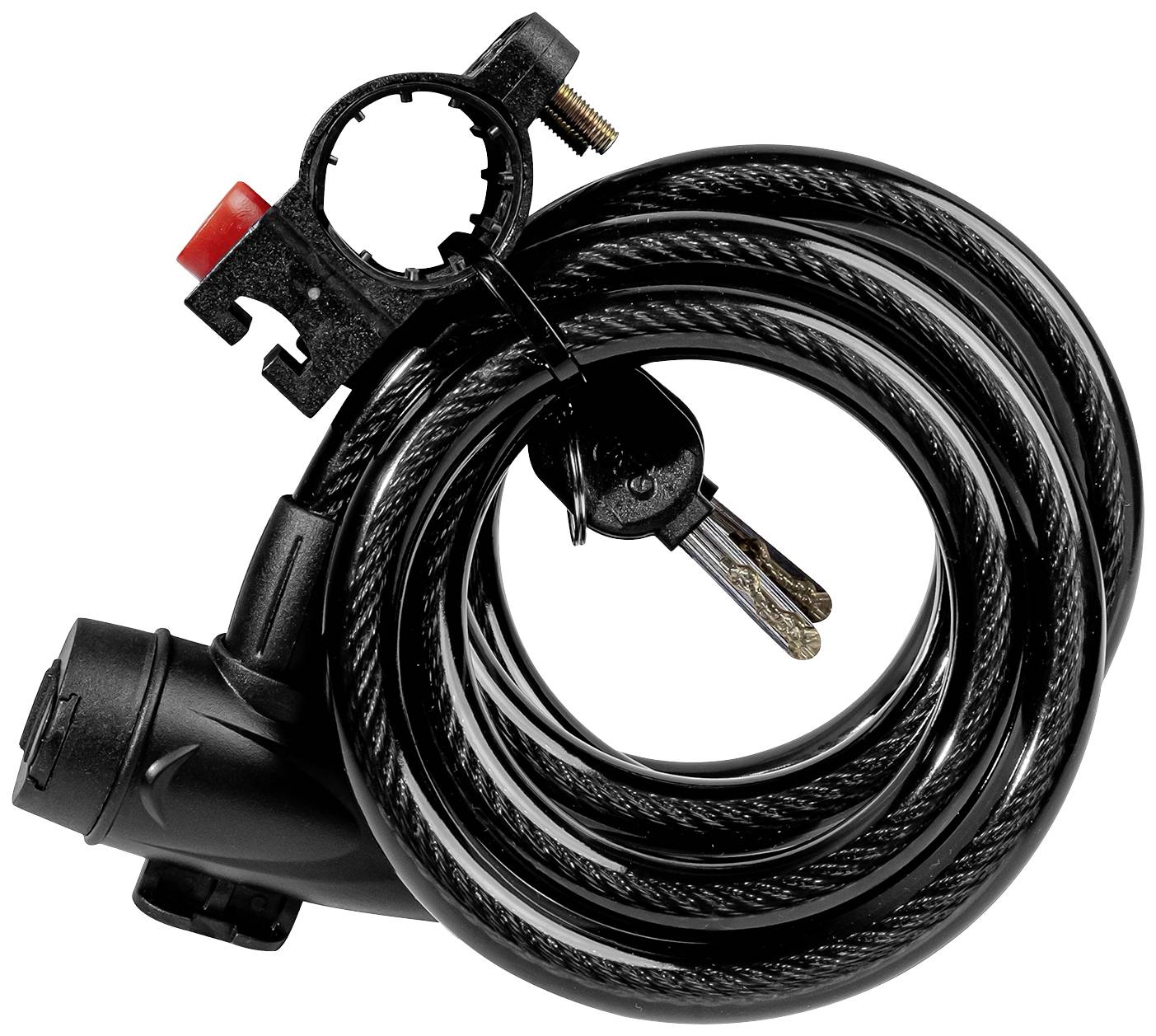 A black, spiralled cable lock with a mounting bracket and two keys, designed for securing bicycles.