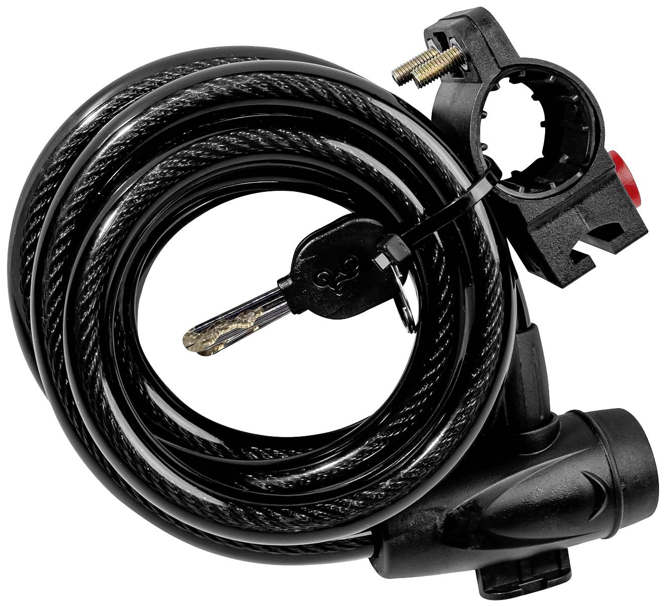 A round, black cable lock with a key and mounting bracket, suitable for securing bicycles.