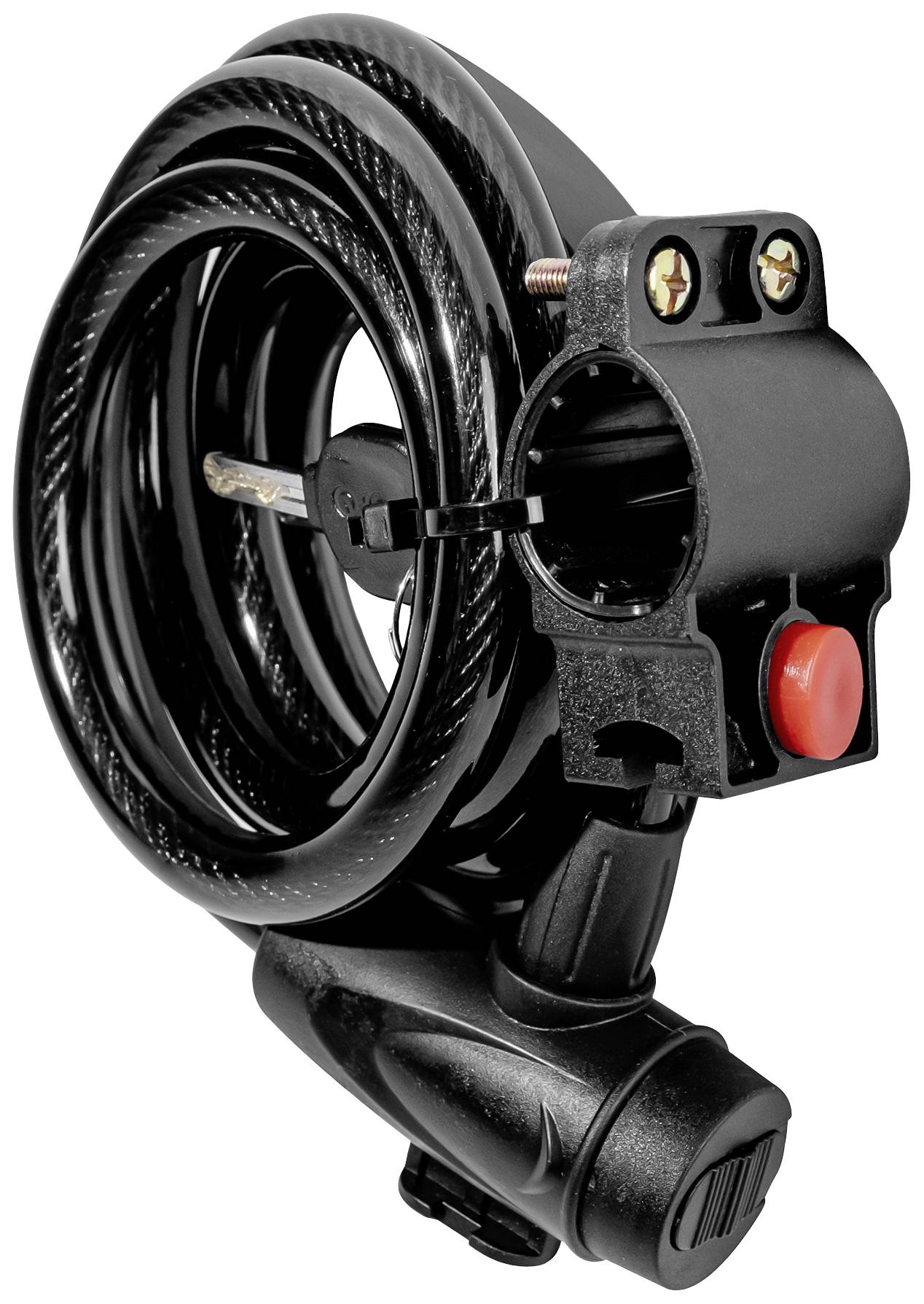 Black cable lock with a red button and a mounting bracket that can be attached to a bicycle frame.