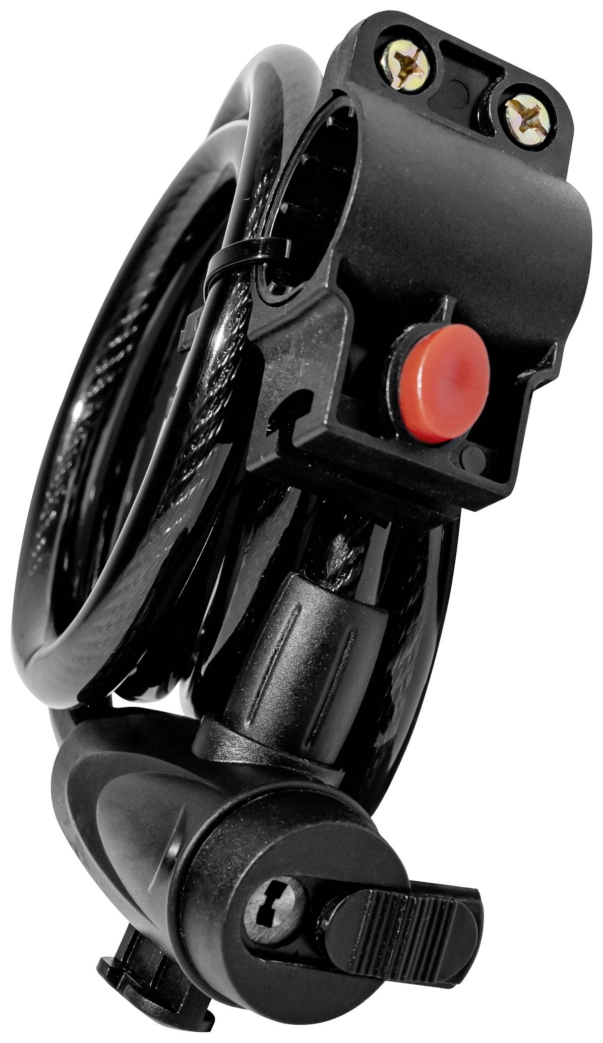 A black bicycle lock with a steel cable construction and a locking mechanism. A red button is visible.