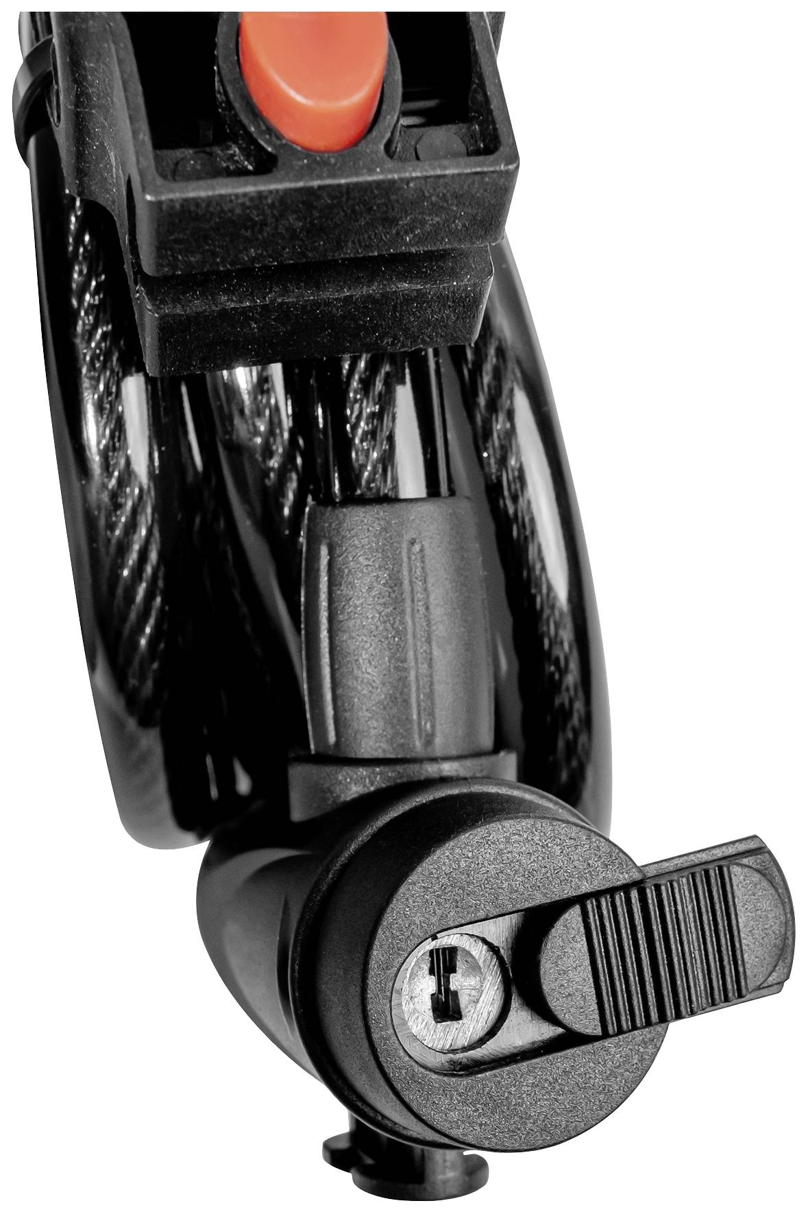 Bicycle lock in close-up with black cable and keyless locking mechanism, red release button visible.