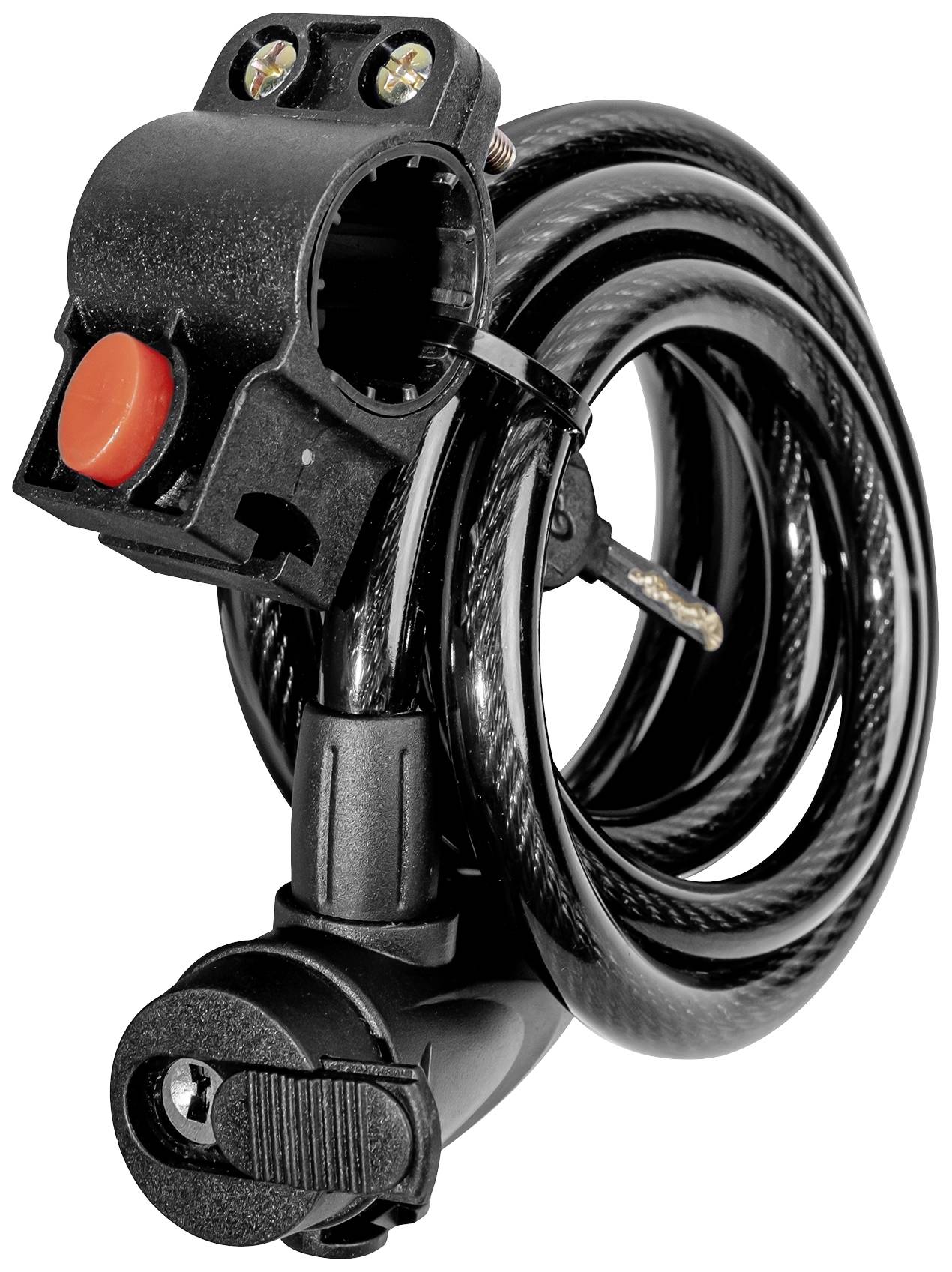 A black bicycle lock with a coiled cable. It has a red button on the locking mechanism.