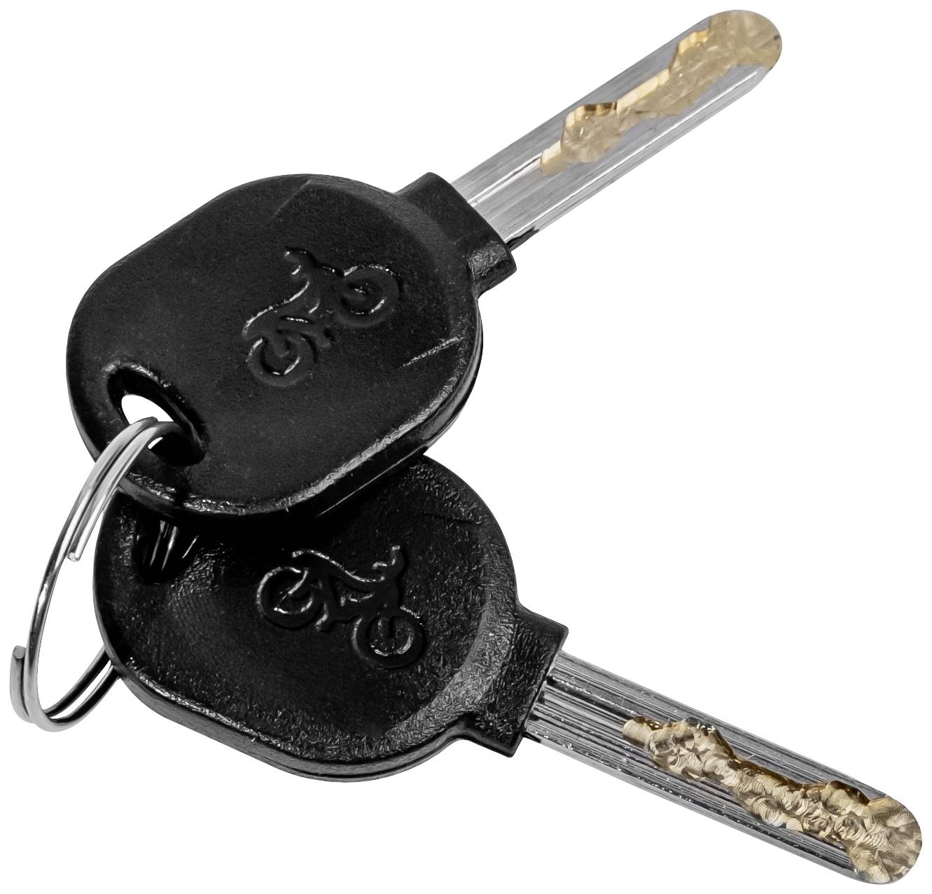 Two black keys with bicycle symbols are lying crosswise. Both keys are attached to a small metal ring.