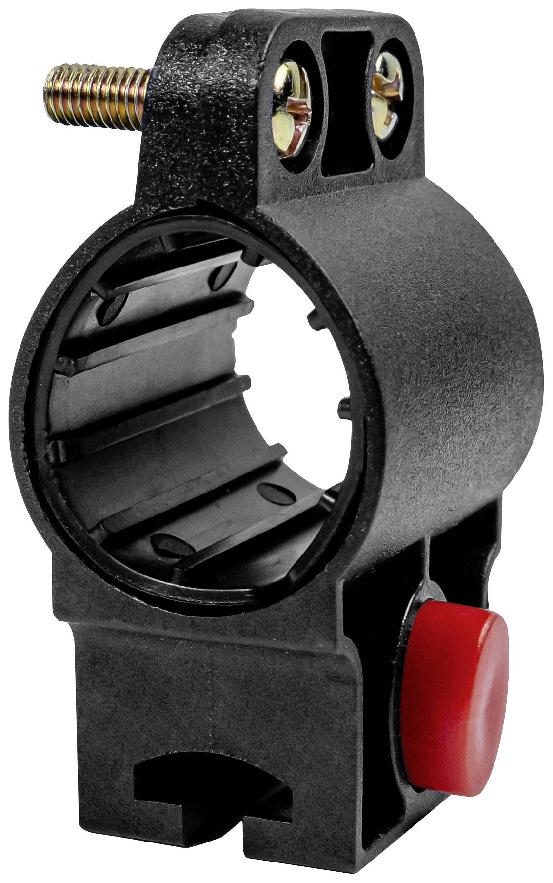Black plastic mounting bracket with a round opening and a red button, suitable for attachment to a rod or pipe.