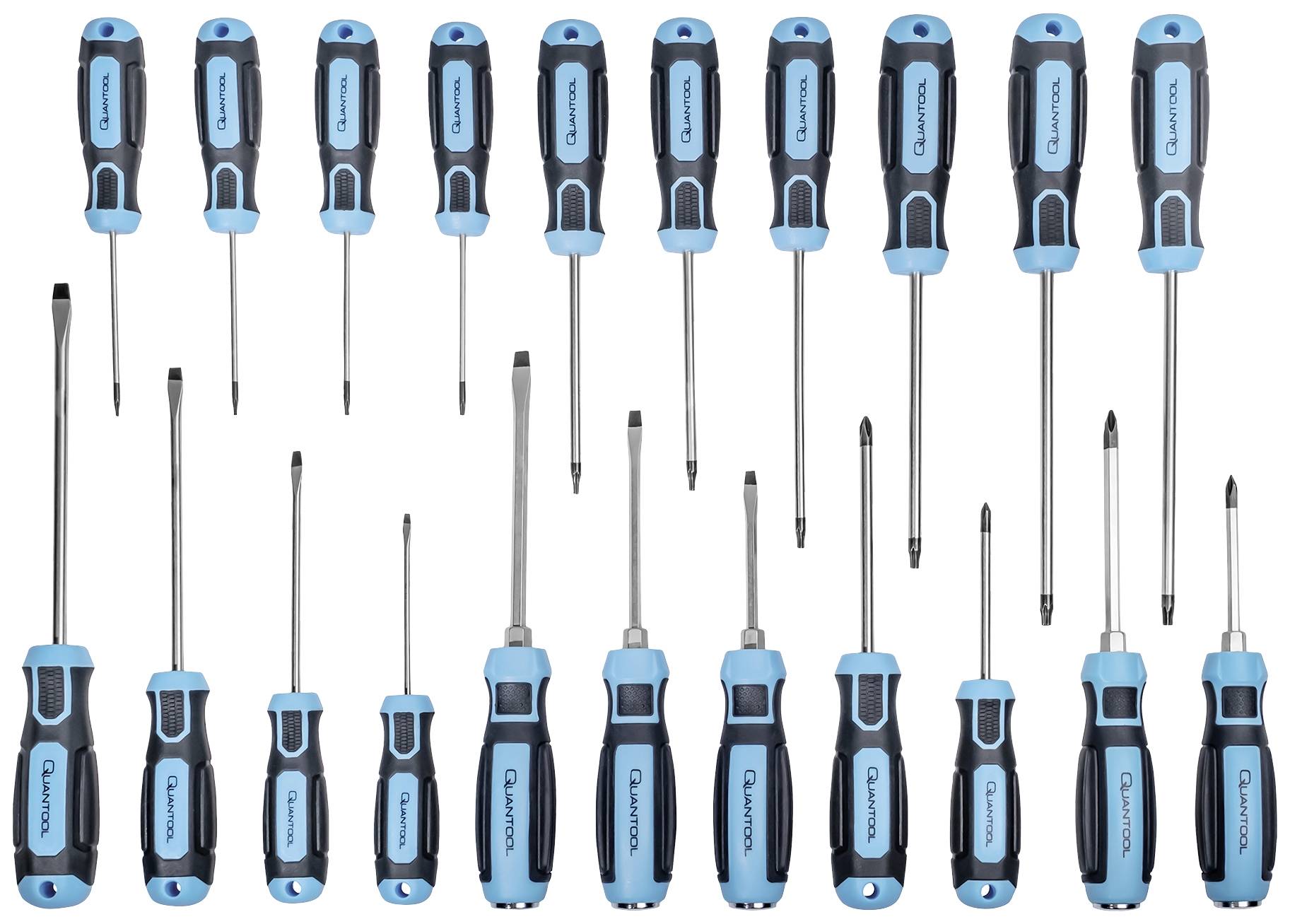 Set of equipment with various screwdrivers, comprising cross-head and slotted screwdrivers in different sizes.
