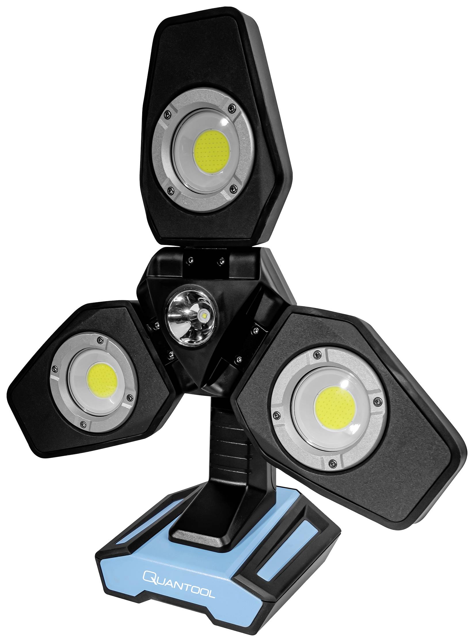 Triangular LED work light with three adjustable lamps mounted on a blue base, suitable for workshops or construction sites.