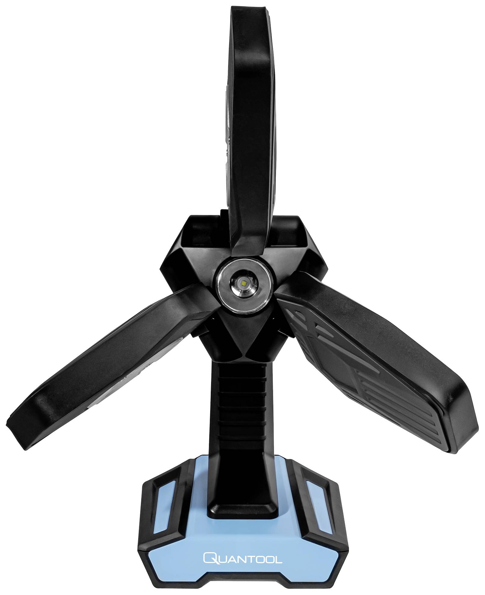 A portable, three-legged LED work light with a blue base and adjustable arms, mounted on a black stand.