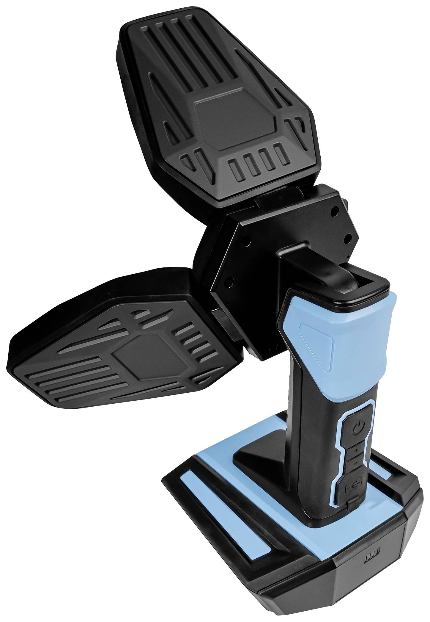 A black and blue battery-operated device with two adjustable wings, similar to a fan or heater.