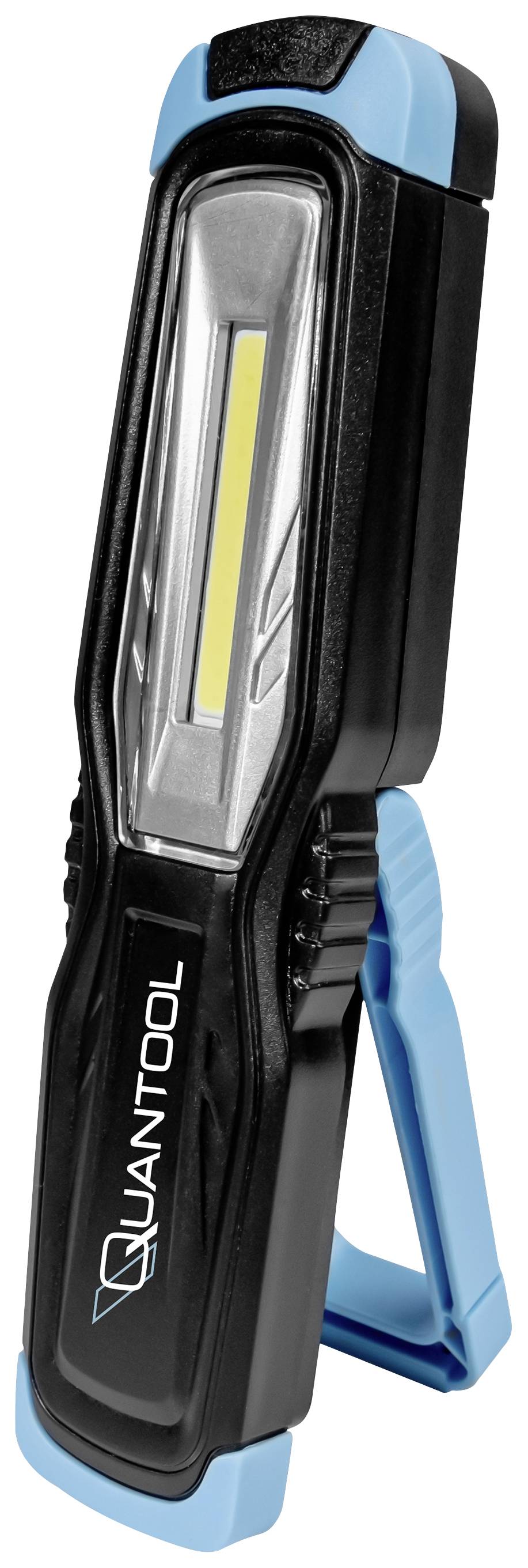 A portable, black and navy blue LED work light with an extendable stand, suitable for versatile lighting purposes.