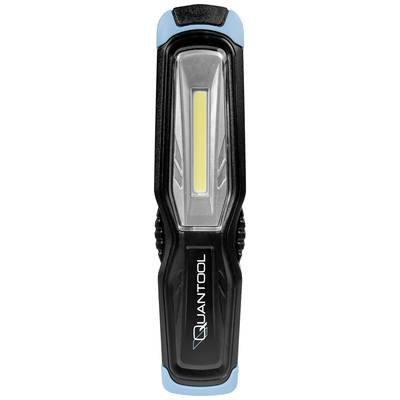 Black and blue portable torch with a yellow LED light strip in the middle, brand name 'QUANTOOL' on the handle.