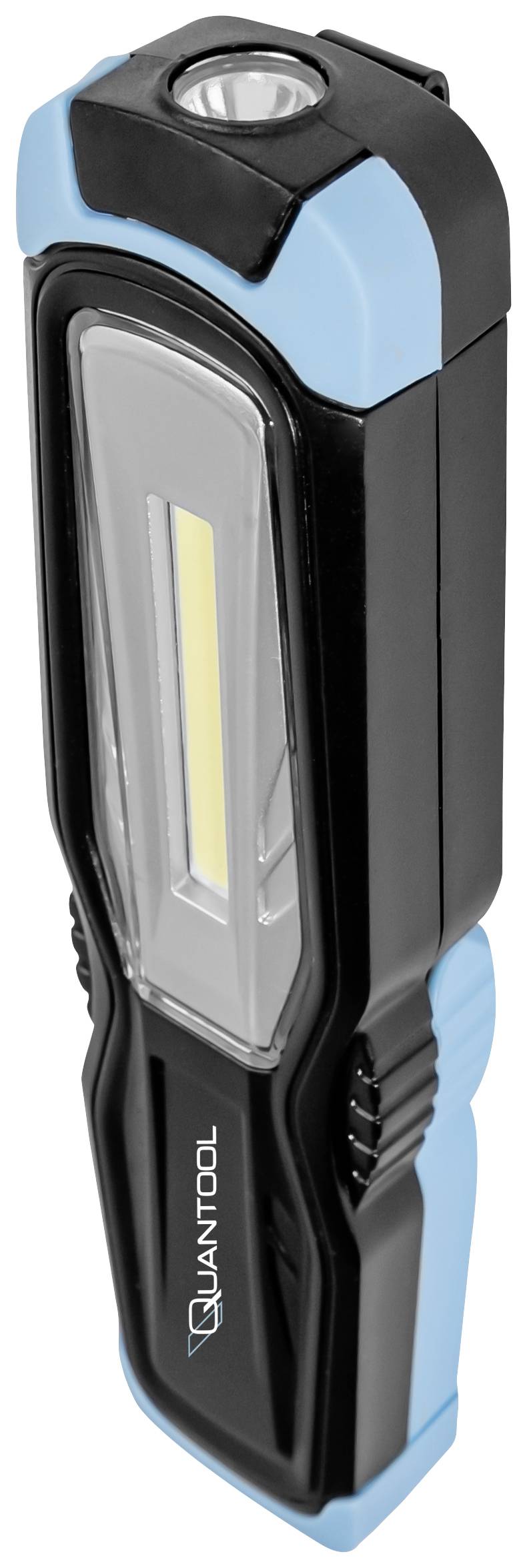 Portable LED work light in black and blue with hanging hook and magnetic mount.