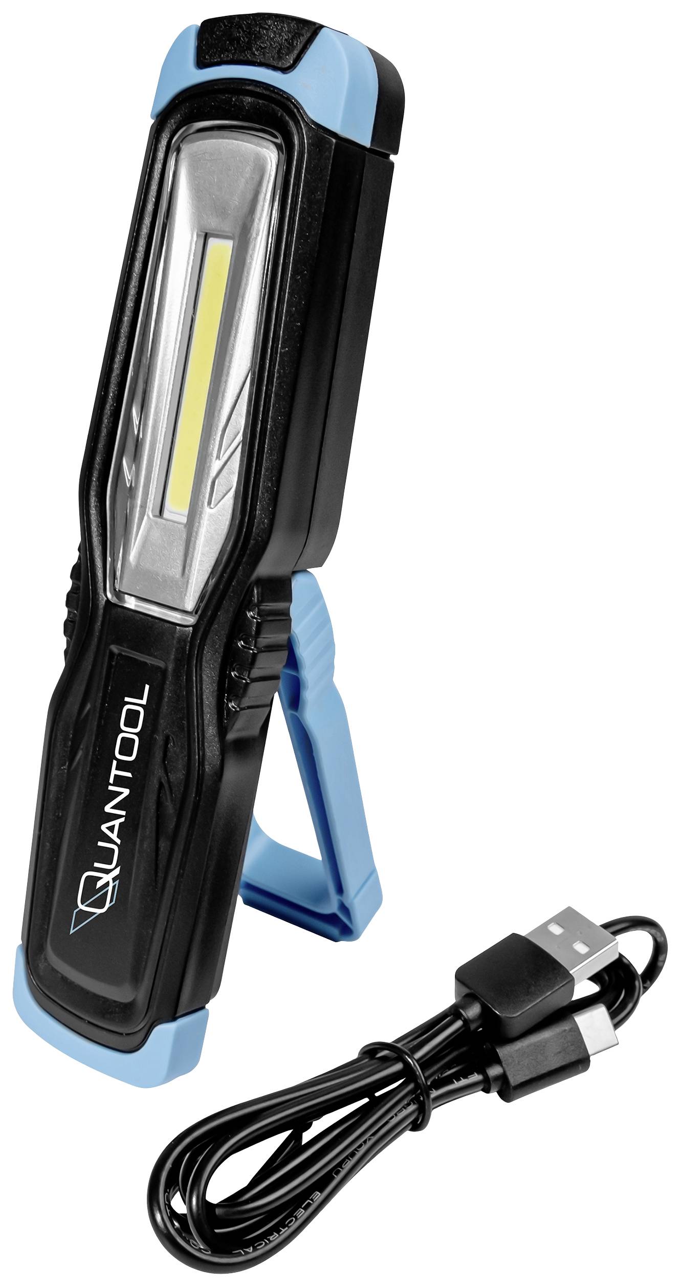 Portable LED work light with blue-black casing, integrated stand and USB charging cable, suitable for flexible lighting.