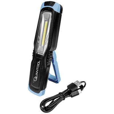 Portable LED work light with blue-black casing, integrated stand and USB charging cable, suitable for flexible lighting.