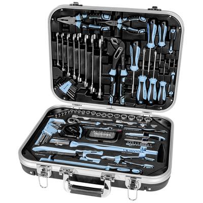 An open toolbox with various tools in organised compartments. Contains spanners, pliers, screwdrivers and other hand tools.