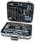An open toolbox with various tools in organised compartments. Contains spanners, pliers, screwdrivers and other hand tools.