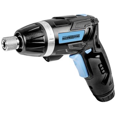 A black and blue-accented cordless drill with an ergonomic handle, depicted in a side view.