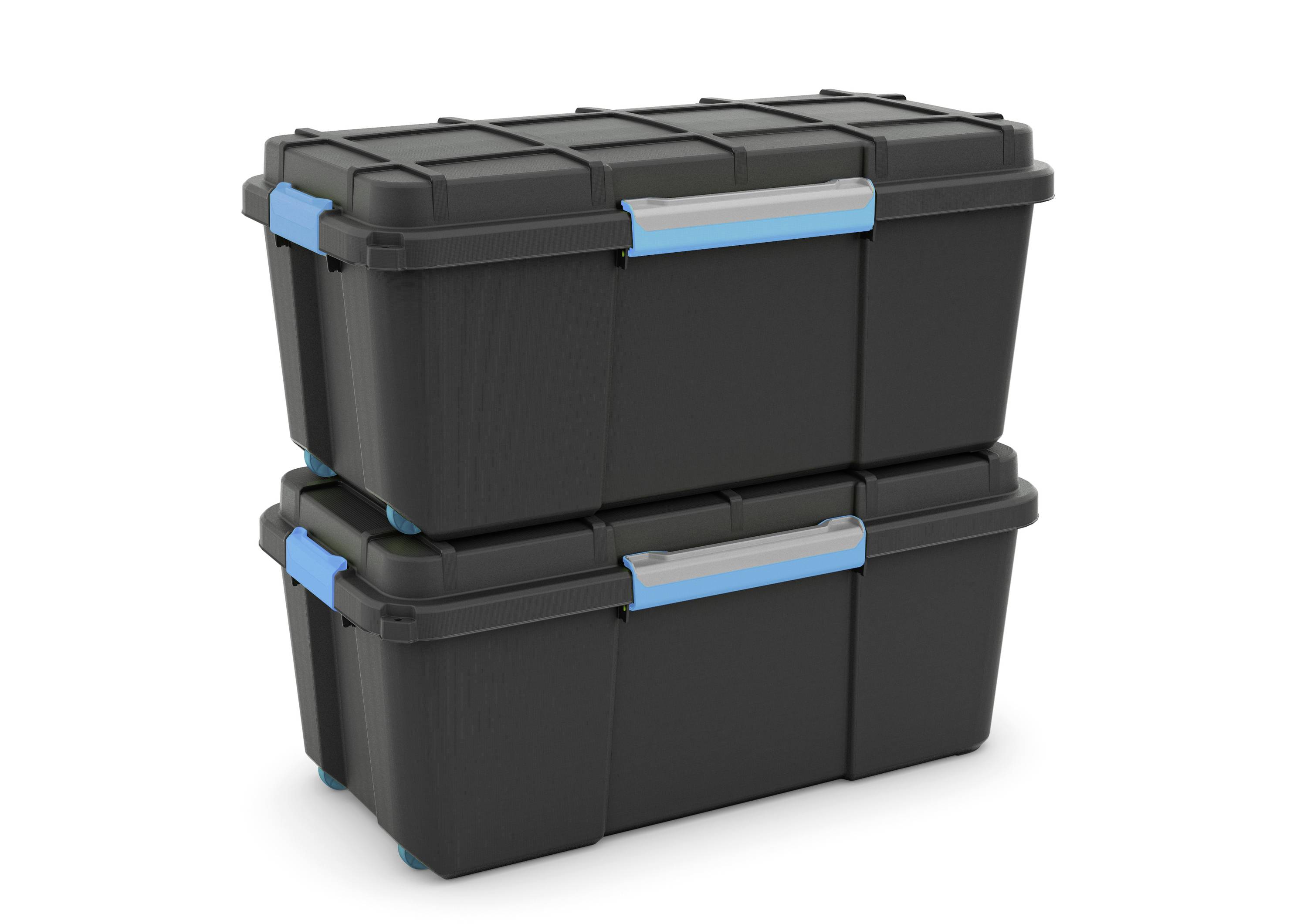 Two stackable, black plastic boxes with blue handles. They are sturdy and suitable for storage or transportation.