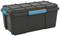 Black plastic storage box with blue handle and lockable lid, mounted on wheels. Suitable for versatile storage.
