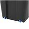 Black plastic container with blue wheels, suitable for easy transportation of items.